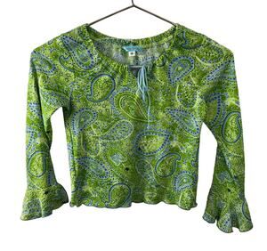 Totally Trixie Green Paisley Print Long Bell Sleeve Tie Neck Pullover Top Size S